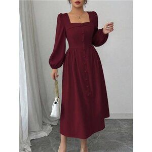 Square Neck Button-Front Midi Dress